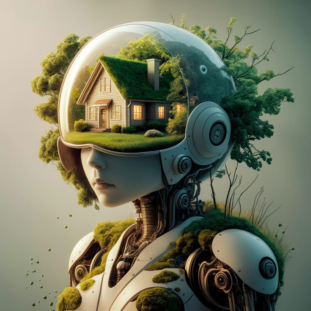 Surreal Humanoid with House in Helmet