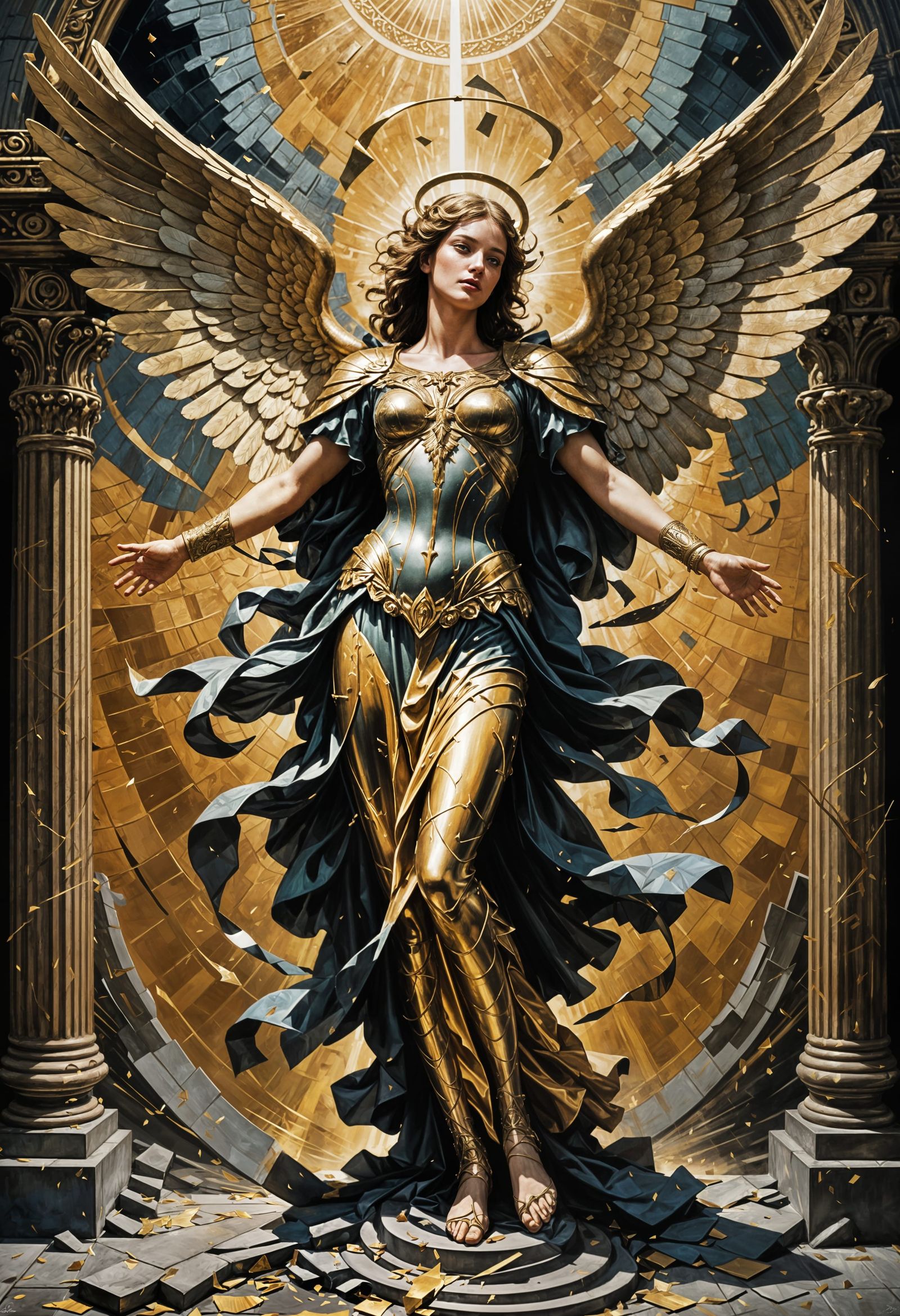 Majestic Angel Falling with Shattered Halo in Art Deco Style