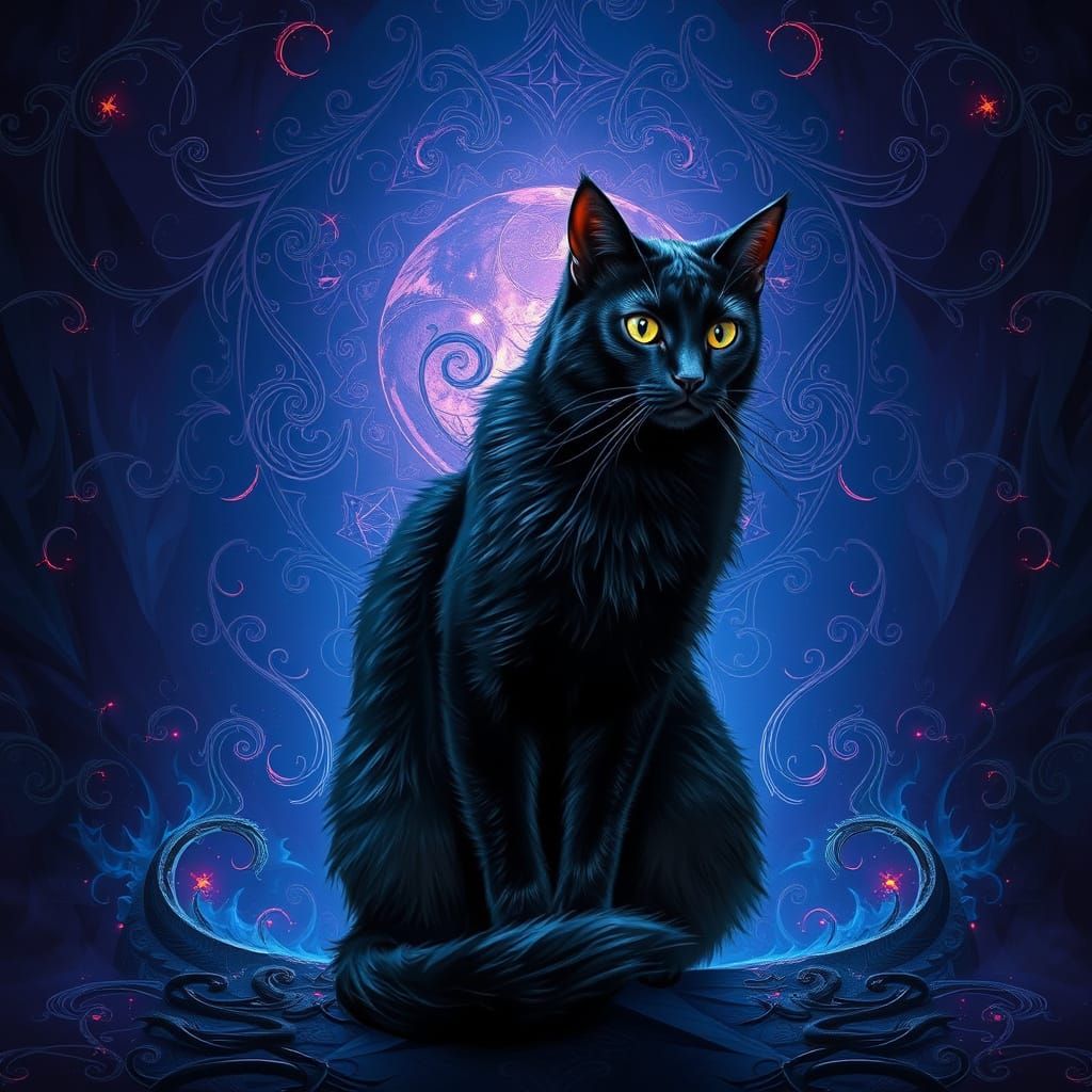 Majestic Black Cat in Enchanted Blue-Purple Realm
