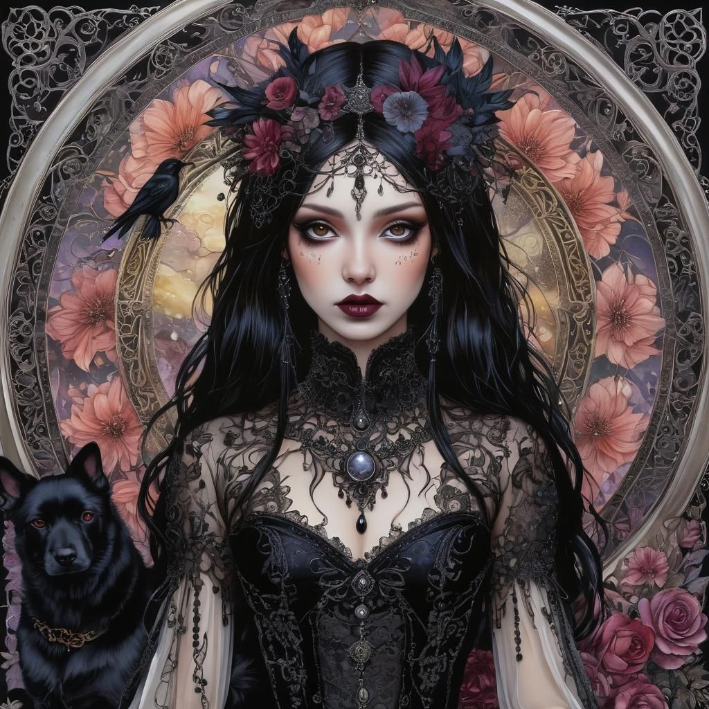 Gothic Princess with Dog in Alcohol Ink Illustration