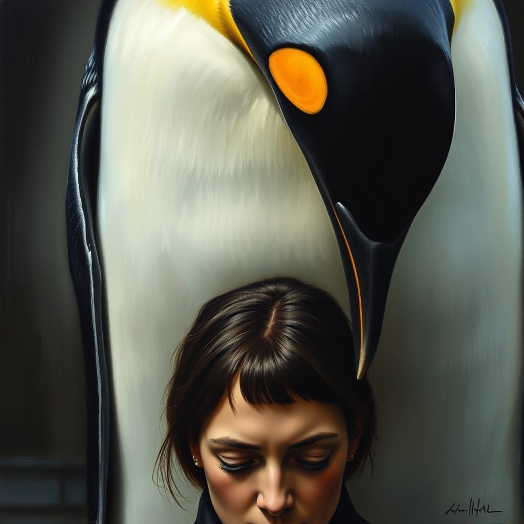 Emperor Penguin Protects Woman in Dramatic Oil Painting