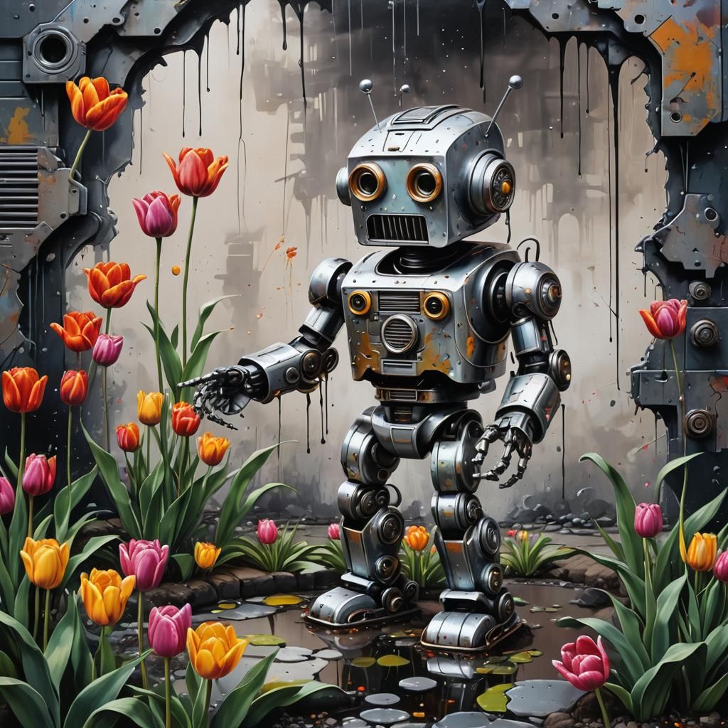 Robot Smelling Tulip in Zen Garden, Graffiti Art Style