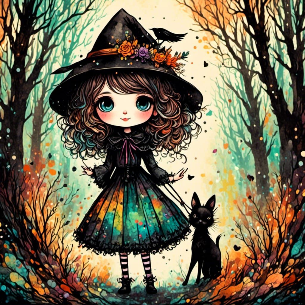 Whimsical Witch Silhouette in Colorful Ink Art
