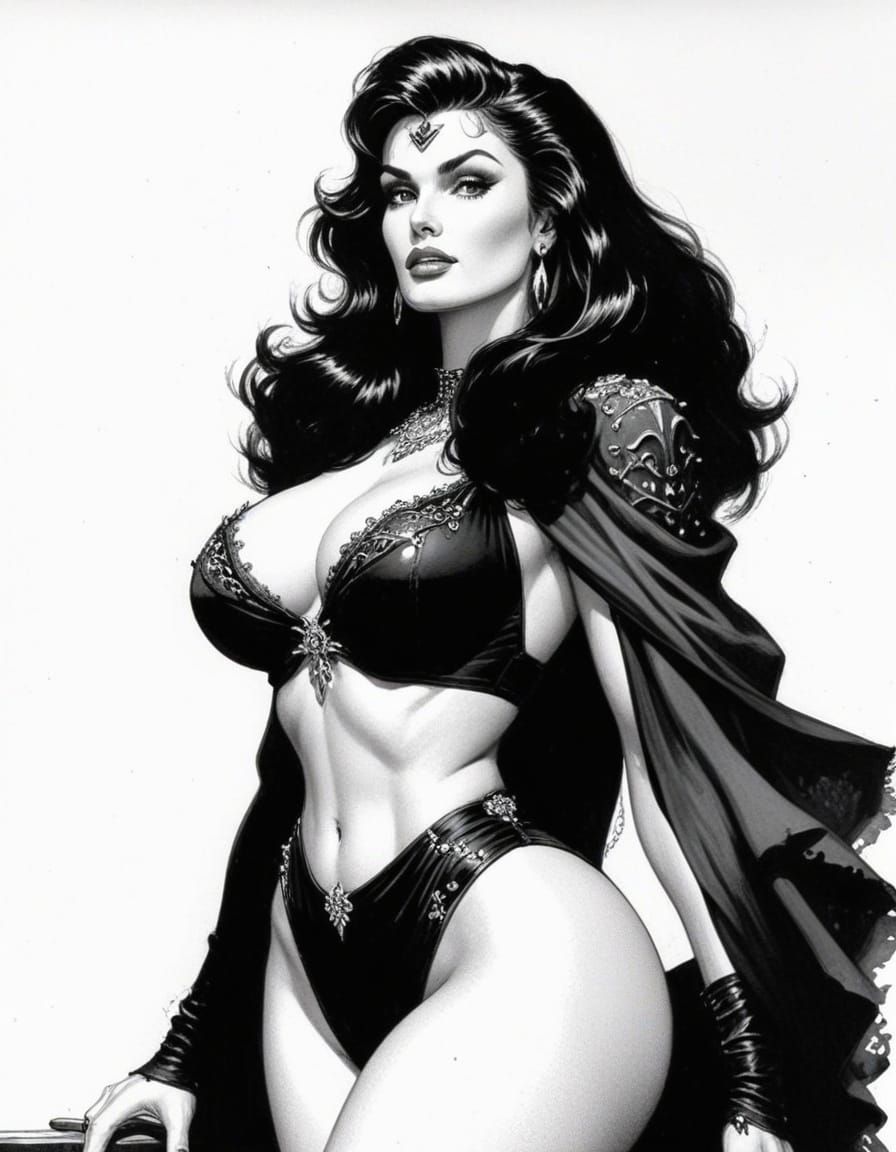 Retro-Futuristic Pinup Fantasy Woman in Elegant Black and Wh...