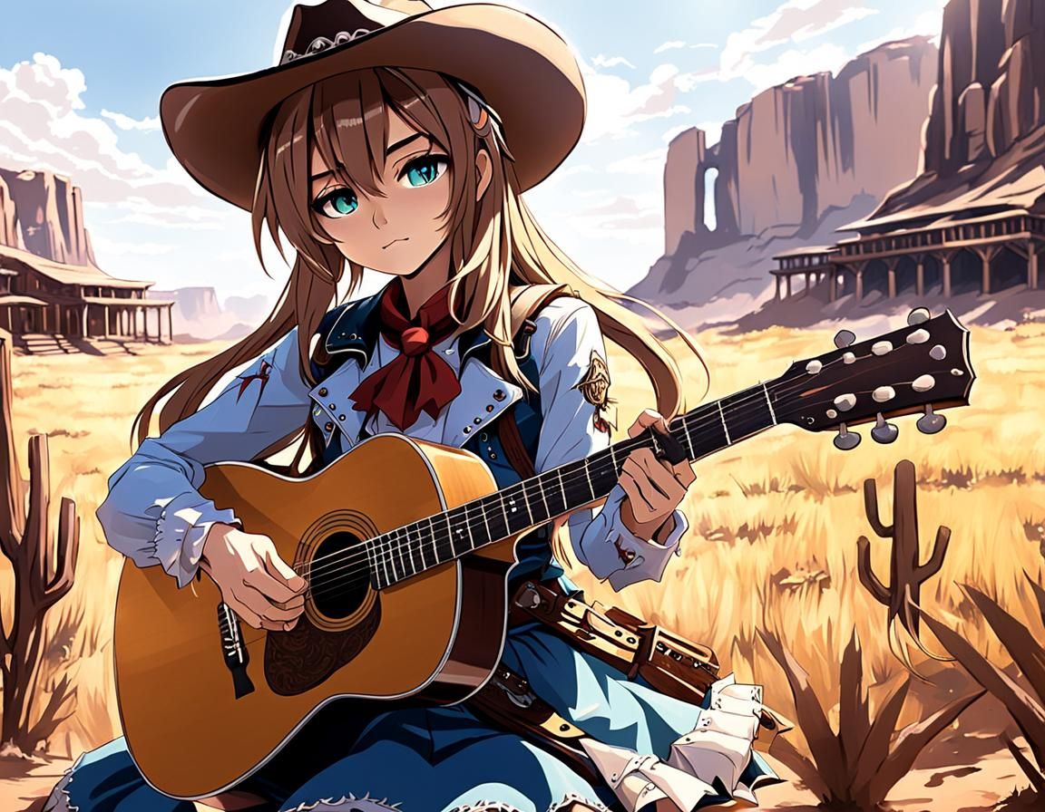 Anime Cowgirl Plays Acoustic Guitar in Western Style