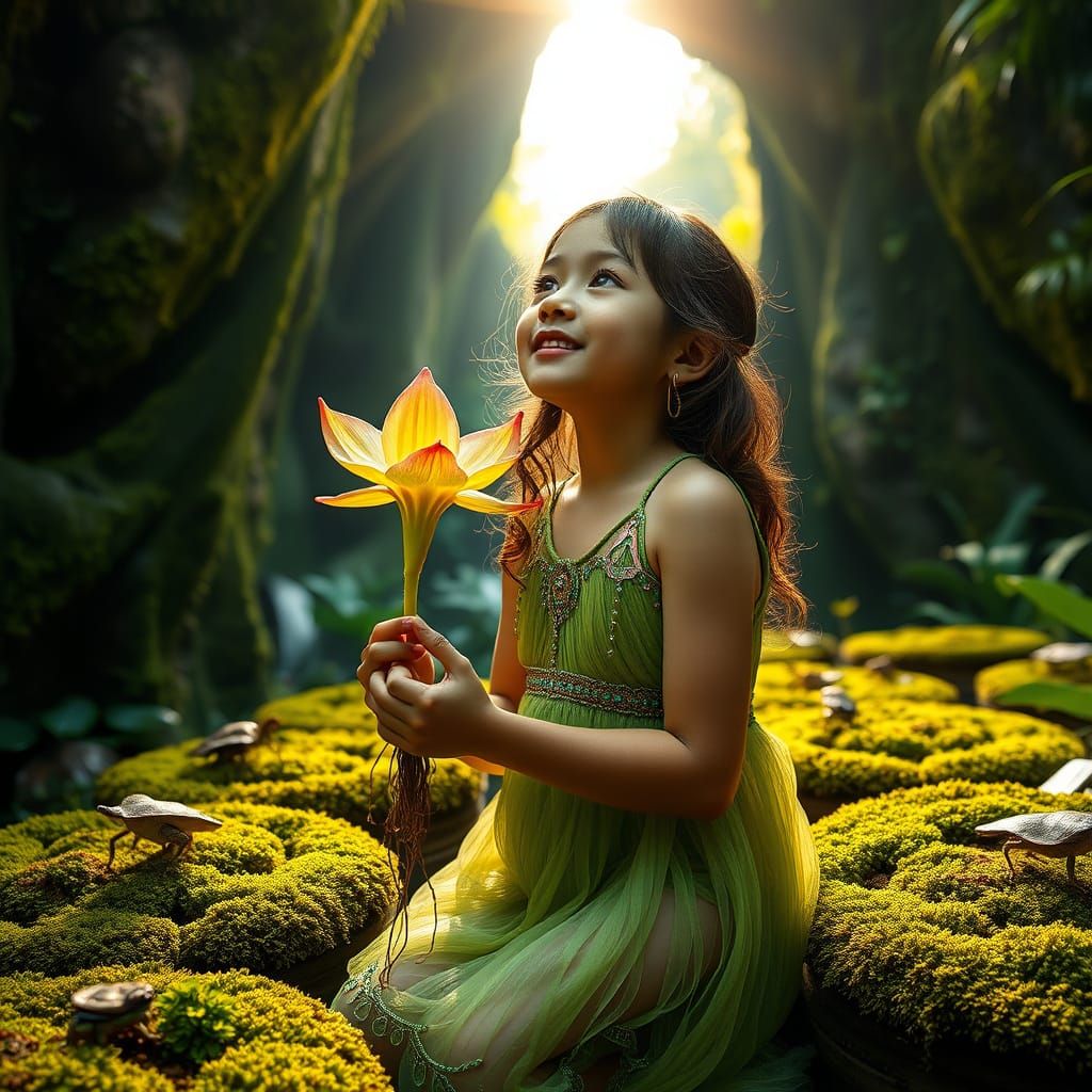 Young Girl in Rainforest Garden with Rainbow Flower