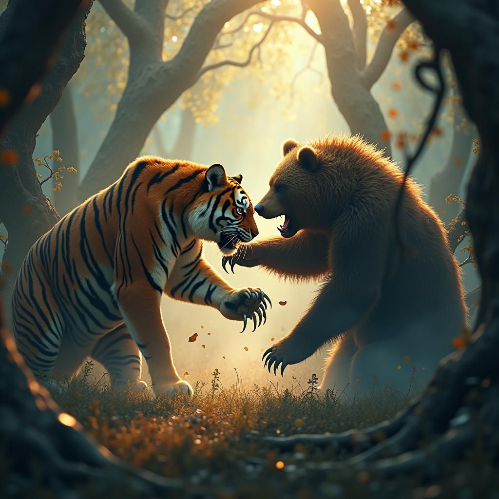 Tiger and Bear Clash in Mystical Forest