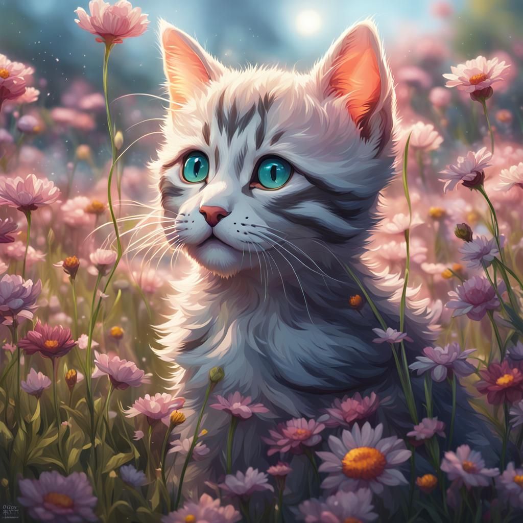 Cute Kitten Portrait in Flower Field