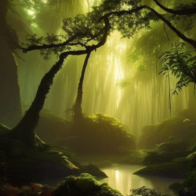 Enchanted Mystic Forest at Sunset: Digital Matte Painting
