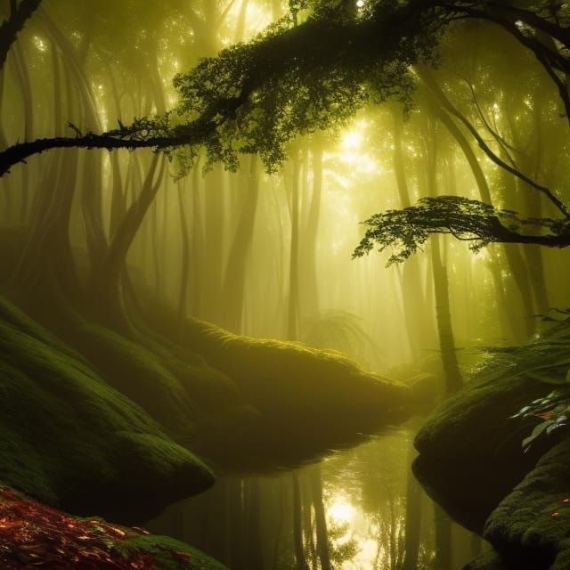 Enchanted Mystic Forest at Sunset: Fantasy Concept Art