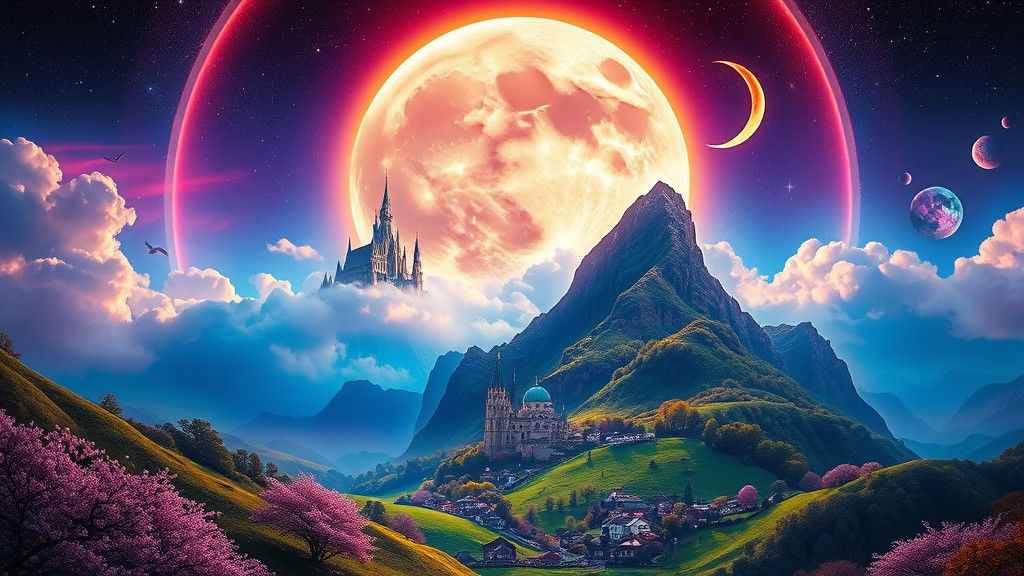 Surreal Landscape with Celestial Ring and Colossal Moon