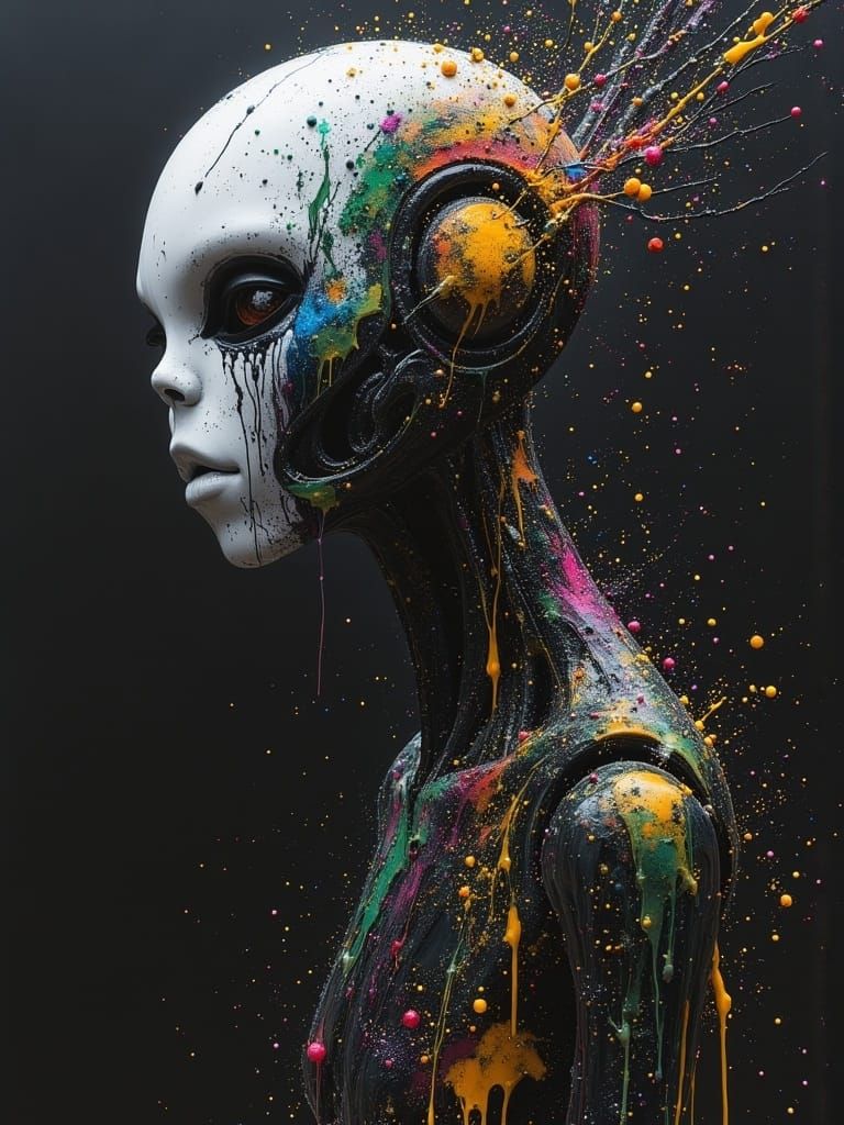 Cyberpunk Robot Alien in Dark Oil Paint Style