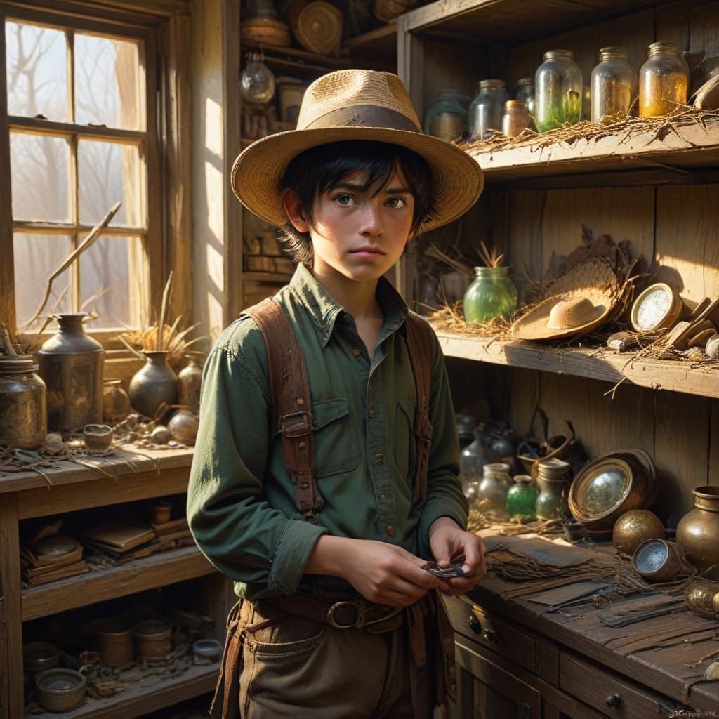 Young Boy Discovers Golden Straw Hat in Mysterious Shop