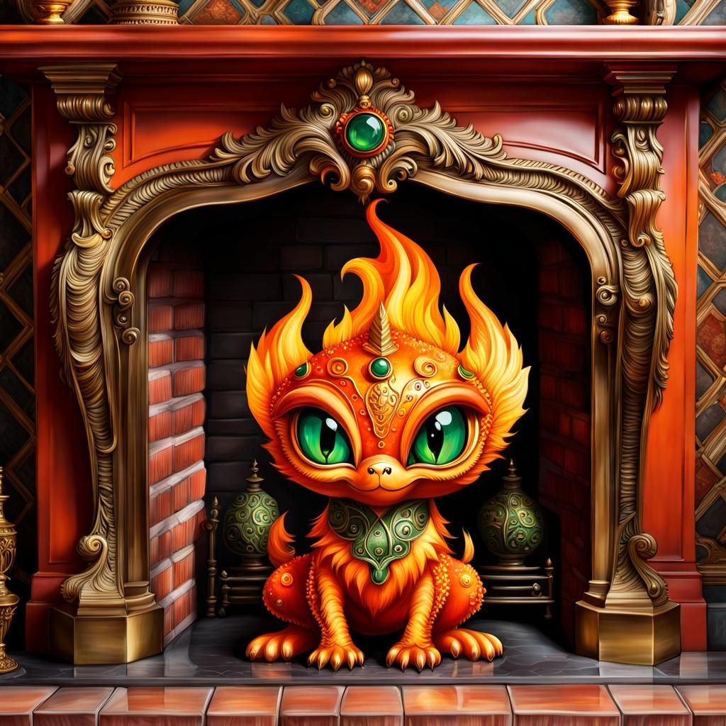 Cute Fire Alien in Ornate Fireplace