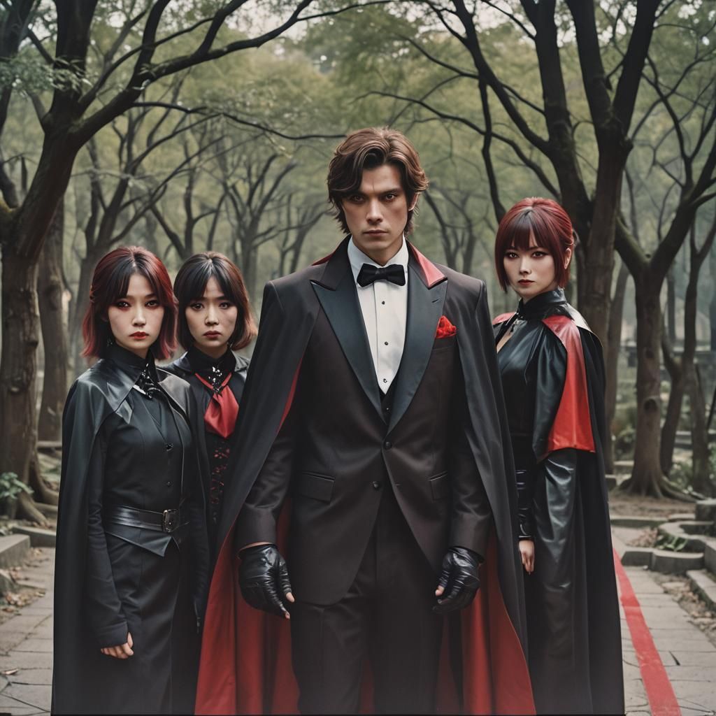 Vampire and Kimono Figures in Cinematic Still