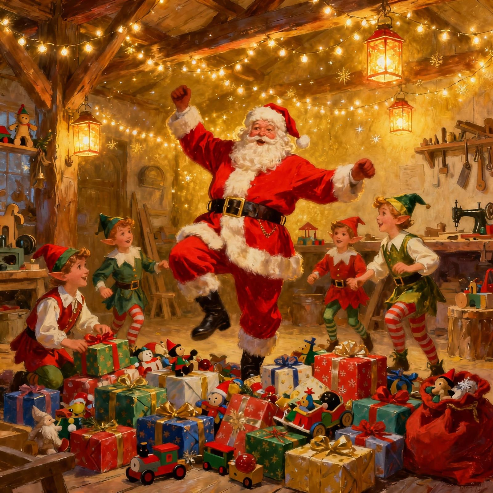 Santa Claus Dancing With Elves Amidst Festive Toys
