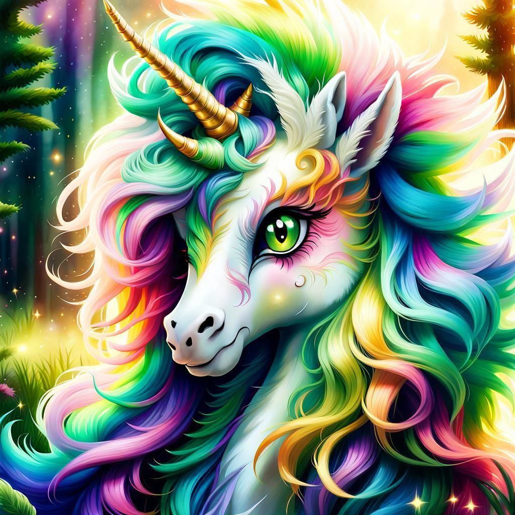 Adorable Tiny Unicorn in Pastel Watercolor Meadow