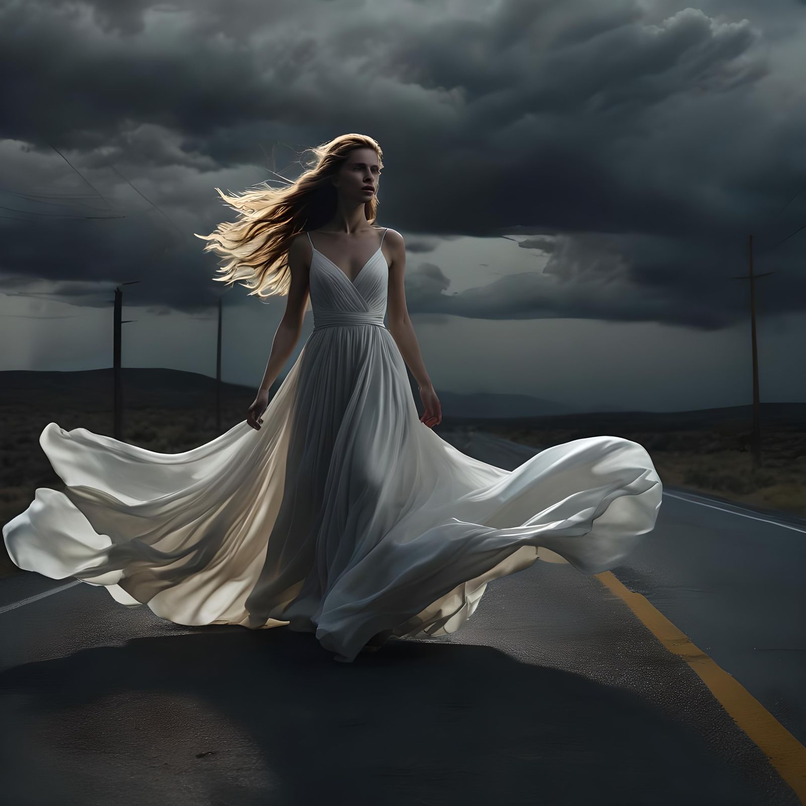 Ethereal Woman in White Gown During Windy Night