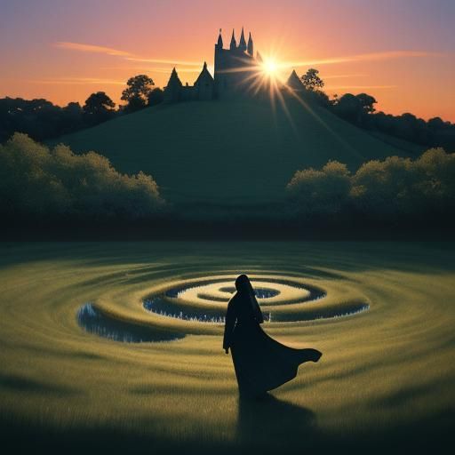 Hyperrealistic Castle with Dominoes at Sunset