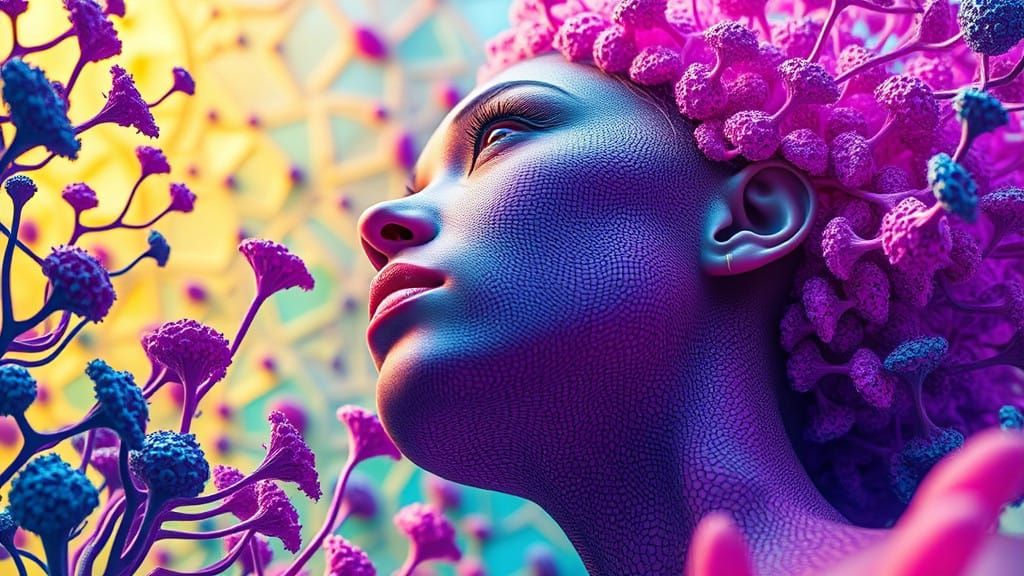Ethereal Woman in Vibrant, Mathematical Bloom