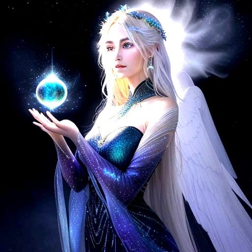 Celestial Goddess with Cascading Silver Hair and Iridescent ...