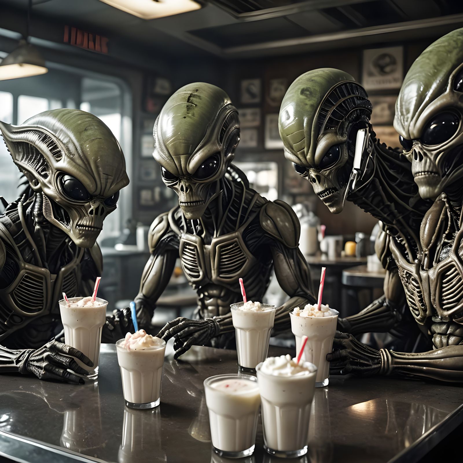 Aliens Drinking Milkshakes with Intricate Detail