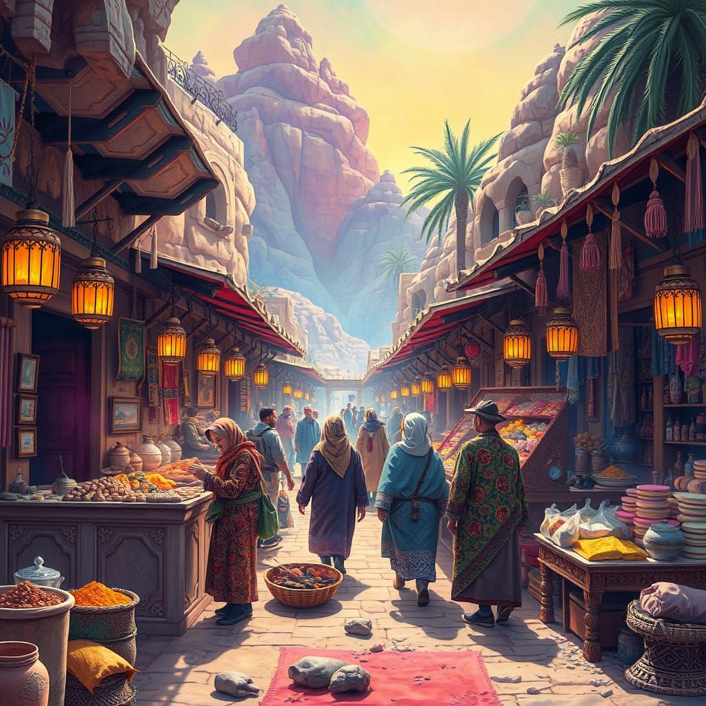 Vibrant Desert Oasis Marketplace in Cosmic Style
