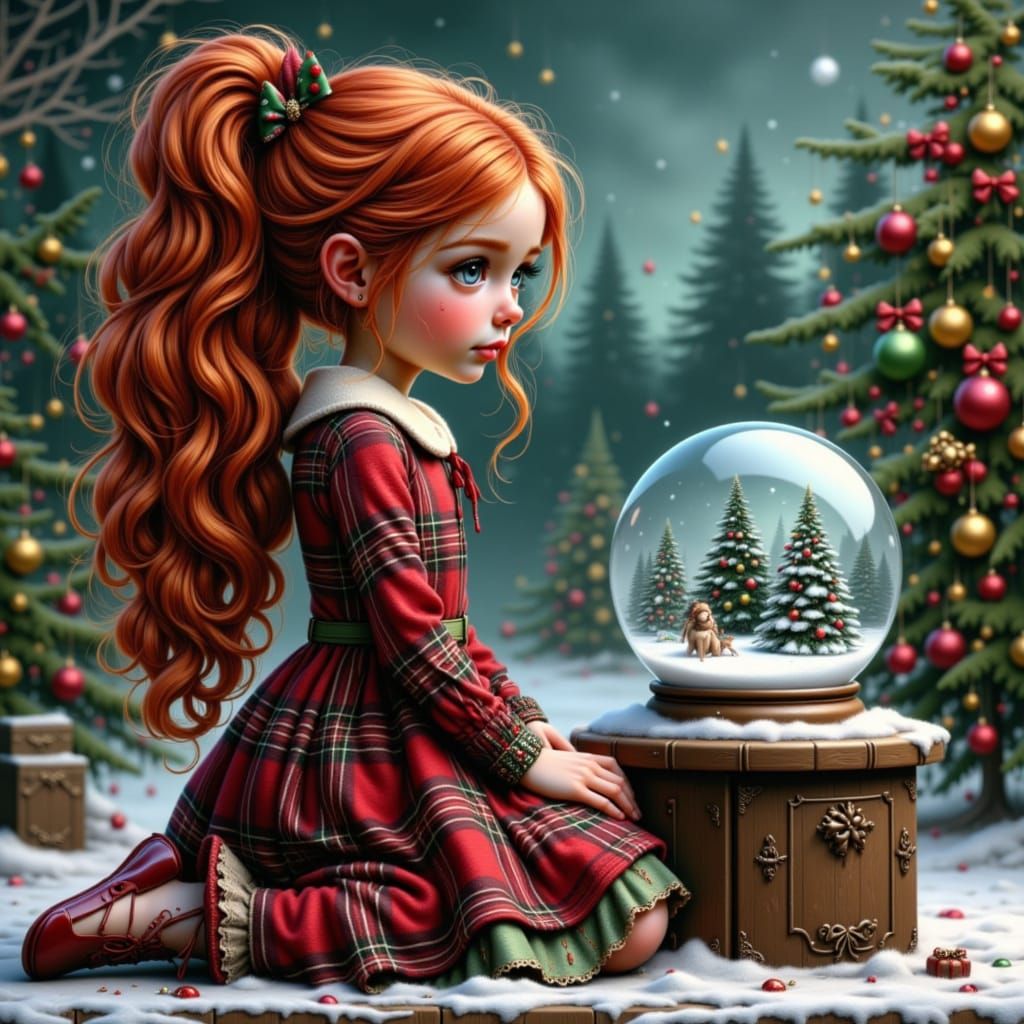 a girl with red hair wearing a Christmas print tartan plaid ...