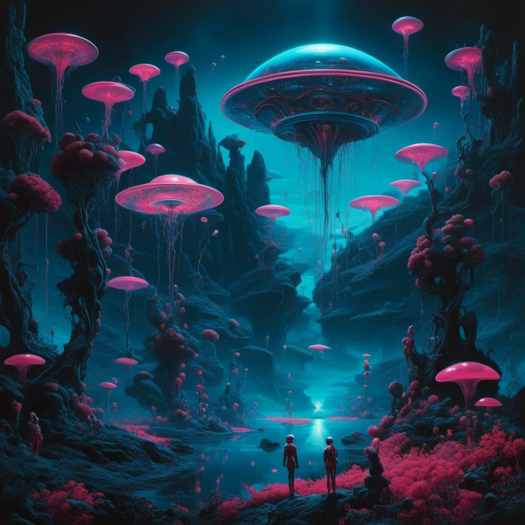 Bioluminescent Alien in Surreal Neon Landscape