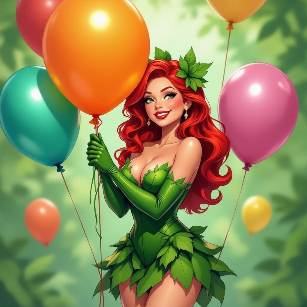 Poison Ivy with Birthday Balloons in Whimsical Style