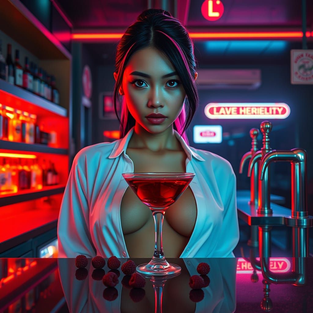 Neon Bar: Filipina Mixologist with Raspberry Cocktail