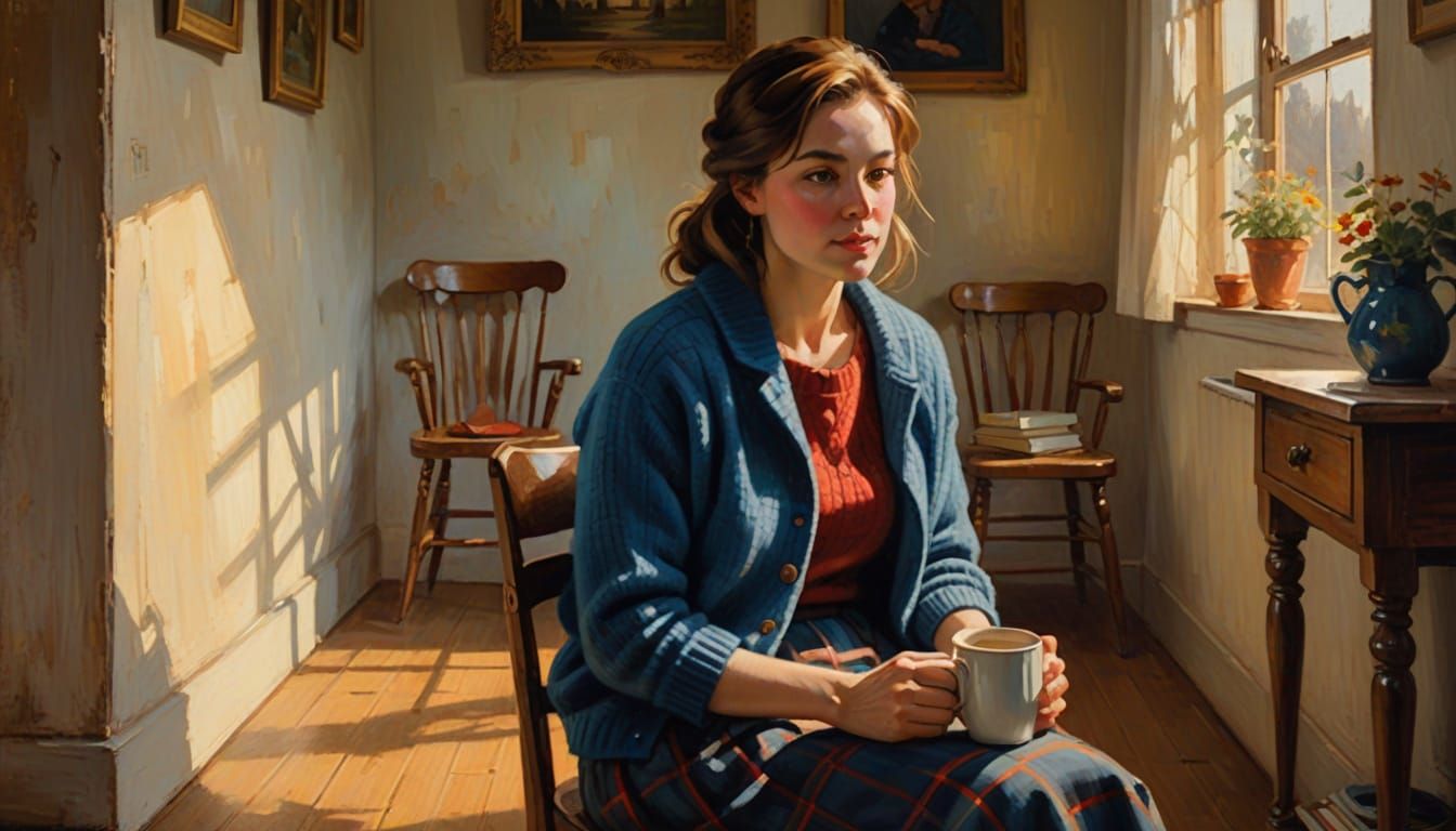 Woman in Cozy Oil Painting Setting, Impressionist Art