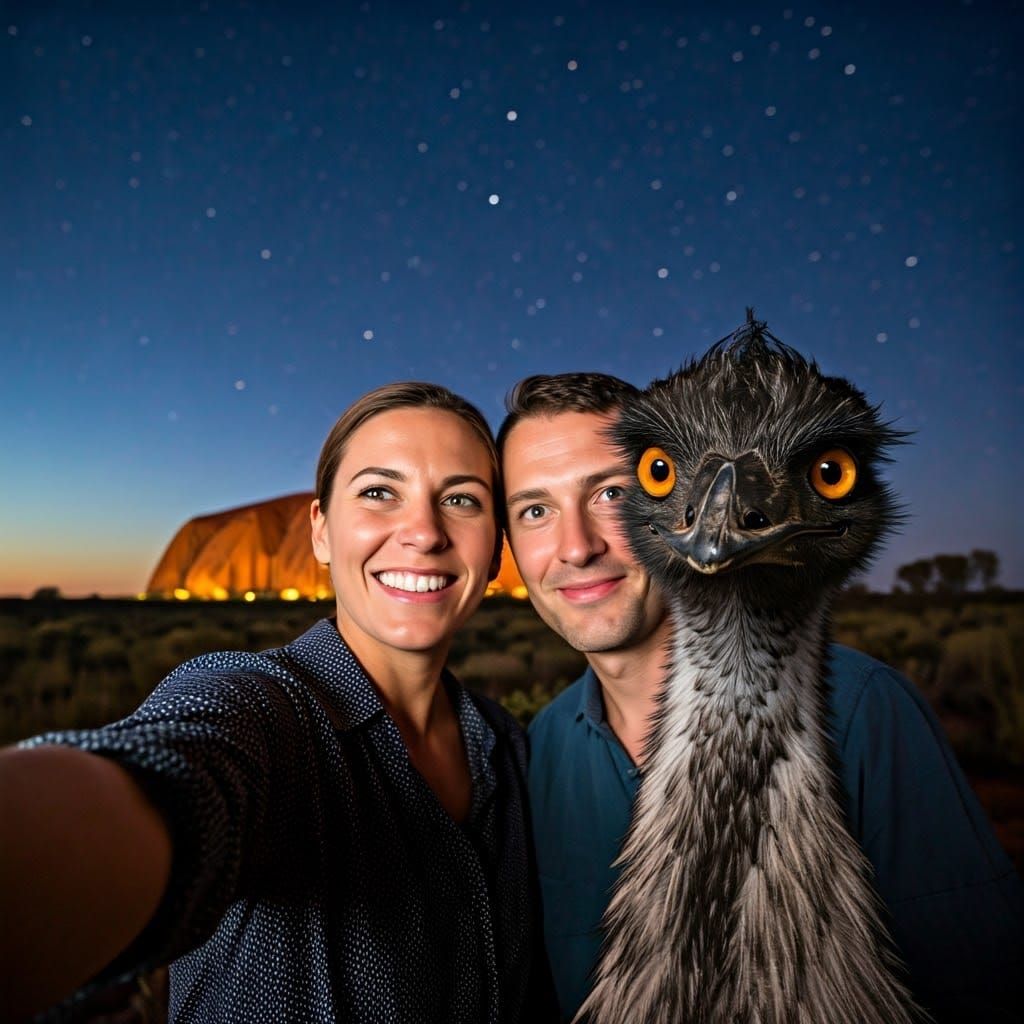 Emu Photobombing Tourists at Uluru Selfie
