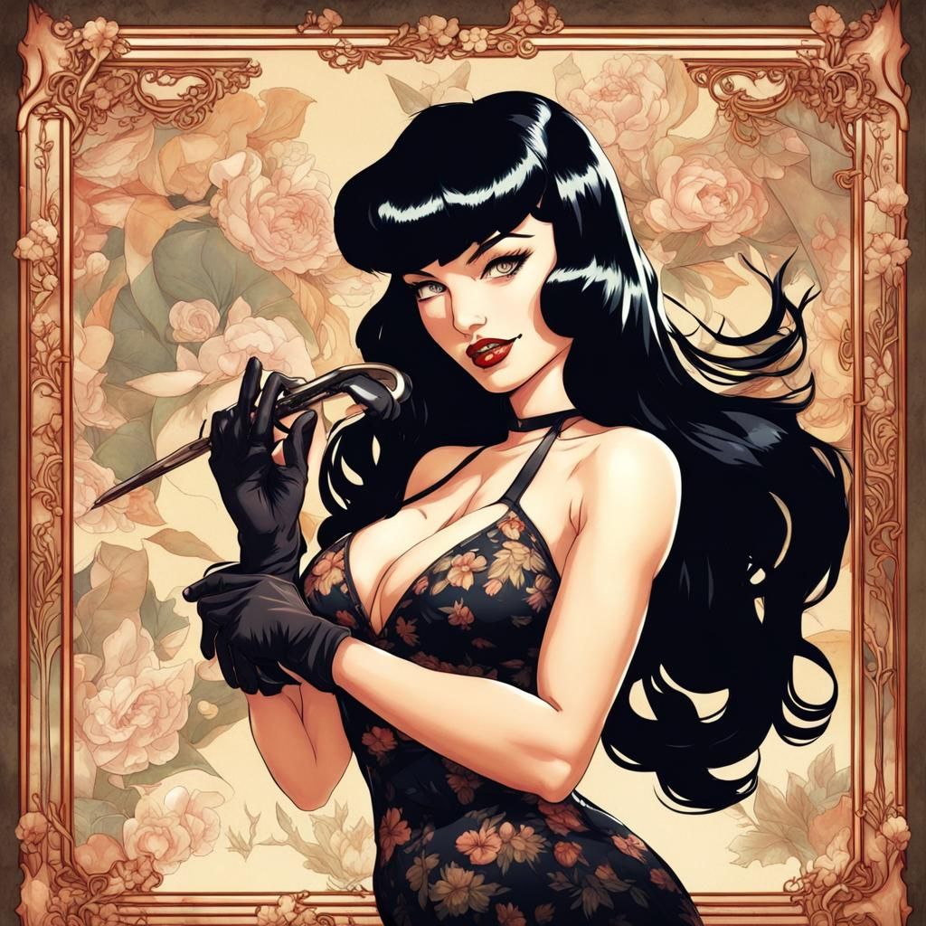 Bettie Page in Anime Art Nouveau Style