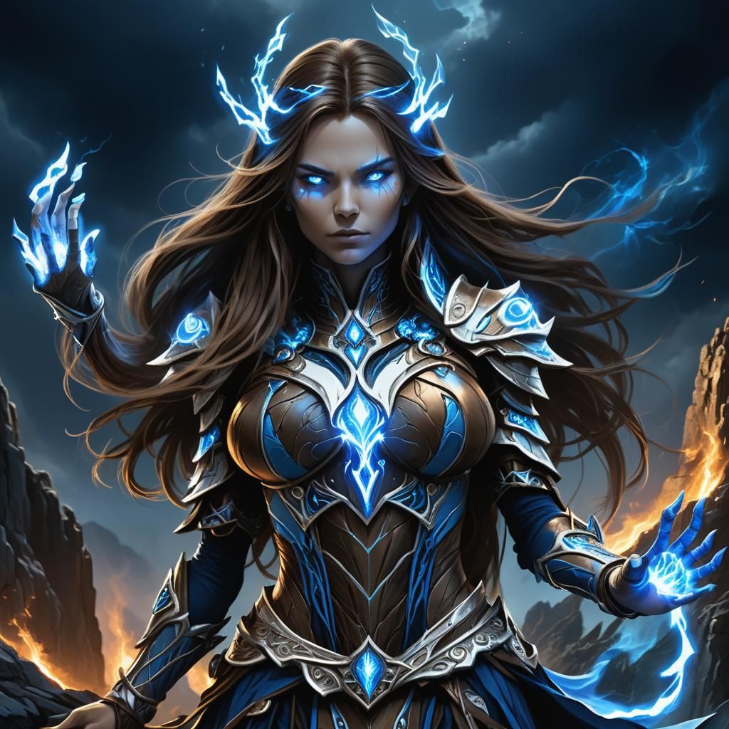 Powerful Sorceress on Cliff Edge in Dark Fantasy Art