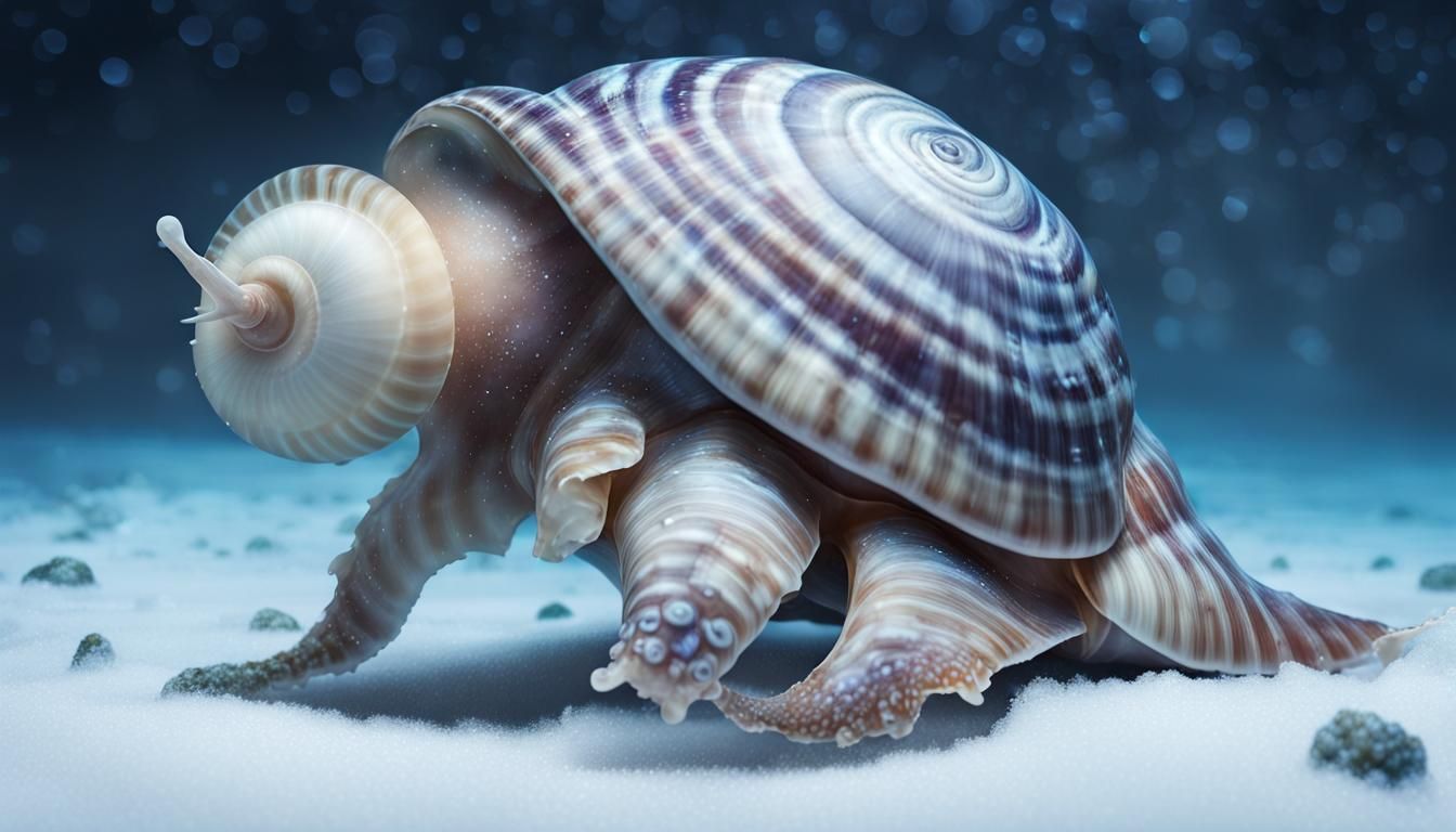 Giant Nacreous Sea Snail at Night: Hyperrealistic Splash Art