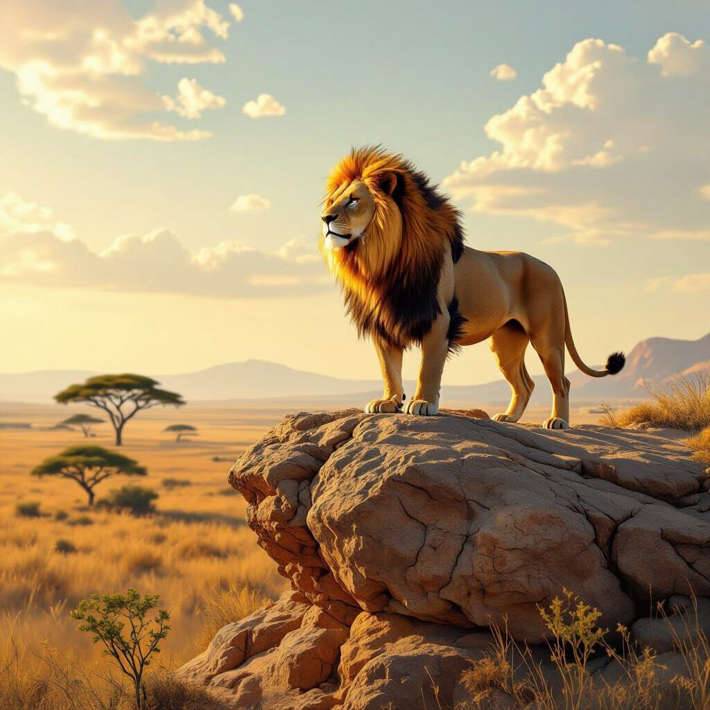 Lion with Blazing Mane Overlooking Savannah