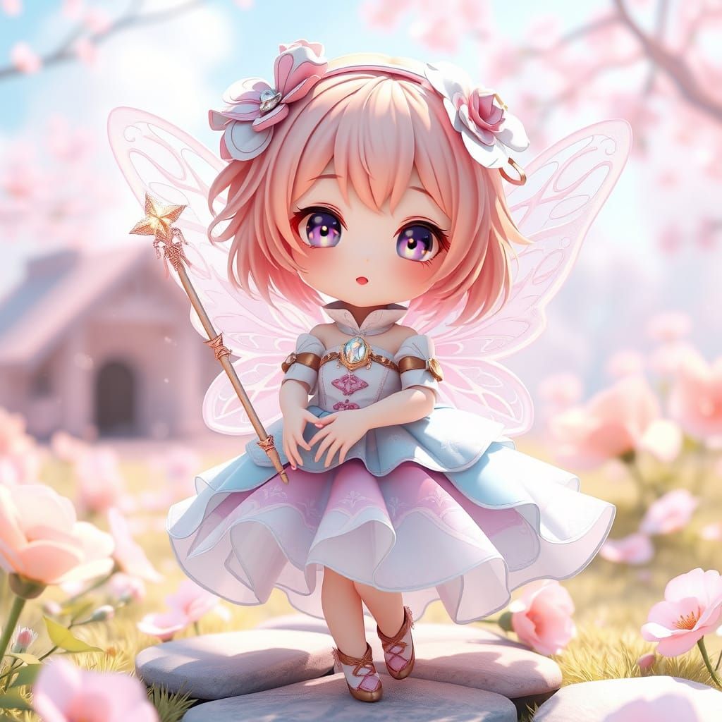 Whimsical Chibi Fairy Girl in Dreamlike Landscape