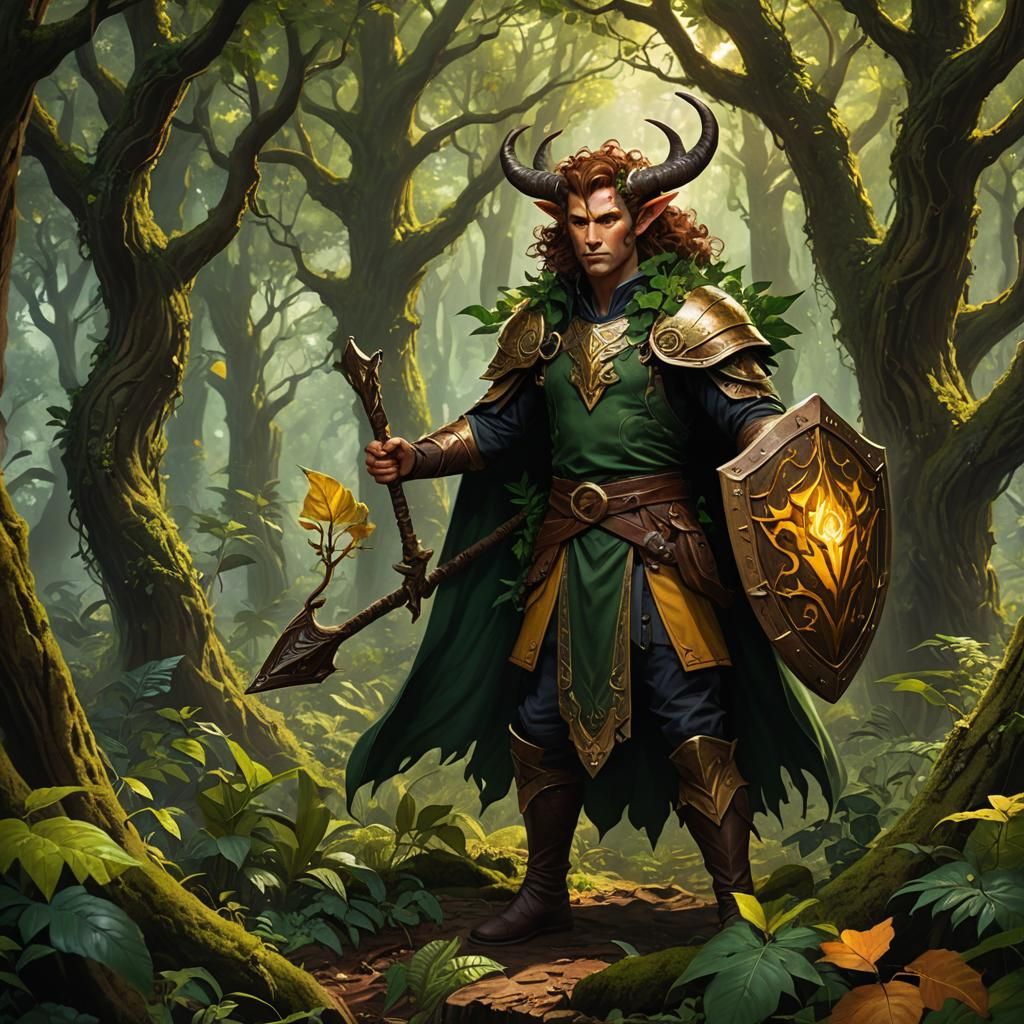 Tiefling Druid in Lush Forest: Fantasy Concept Art