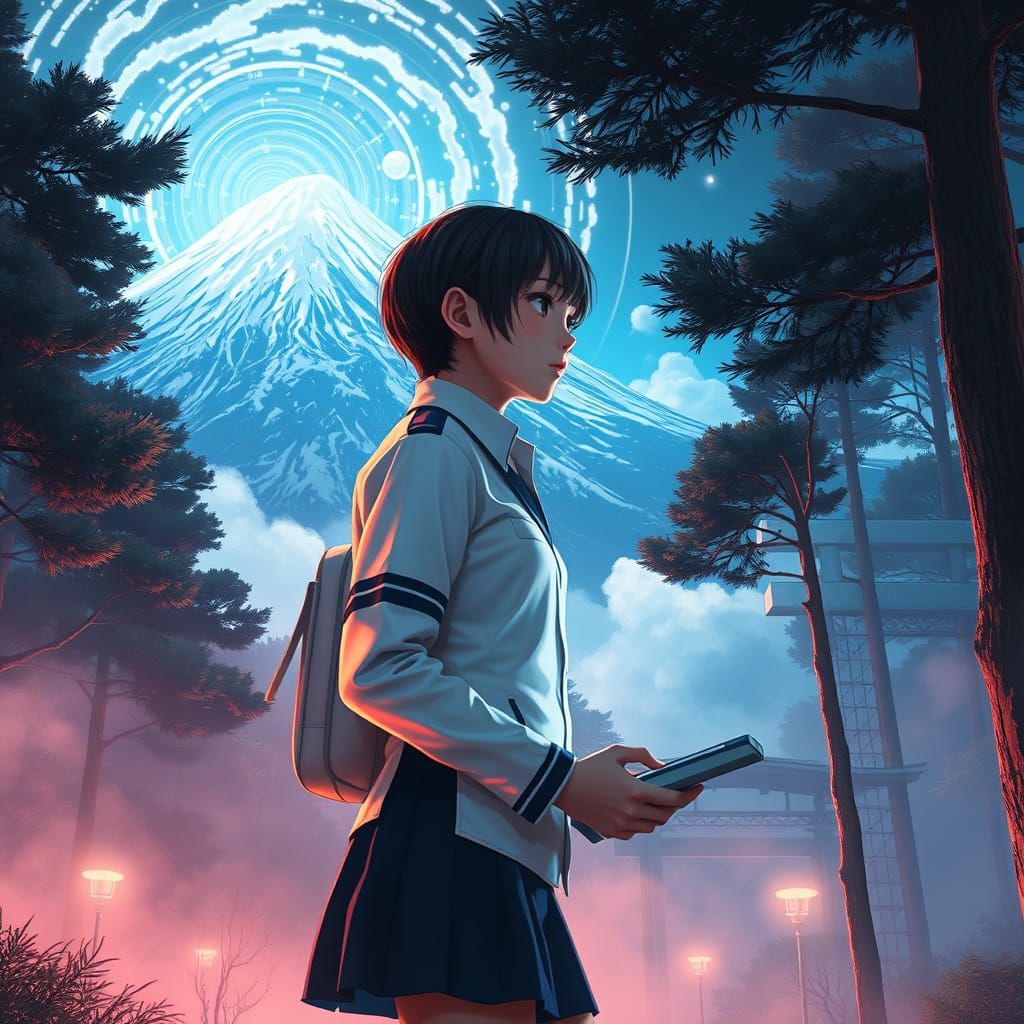 Futuristic Japanese Schoolgirl Amidst Neon Forest and Majest...