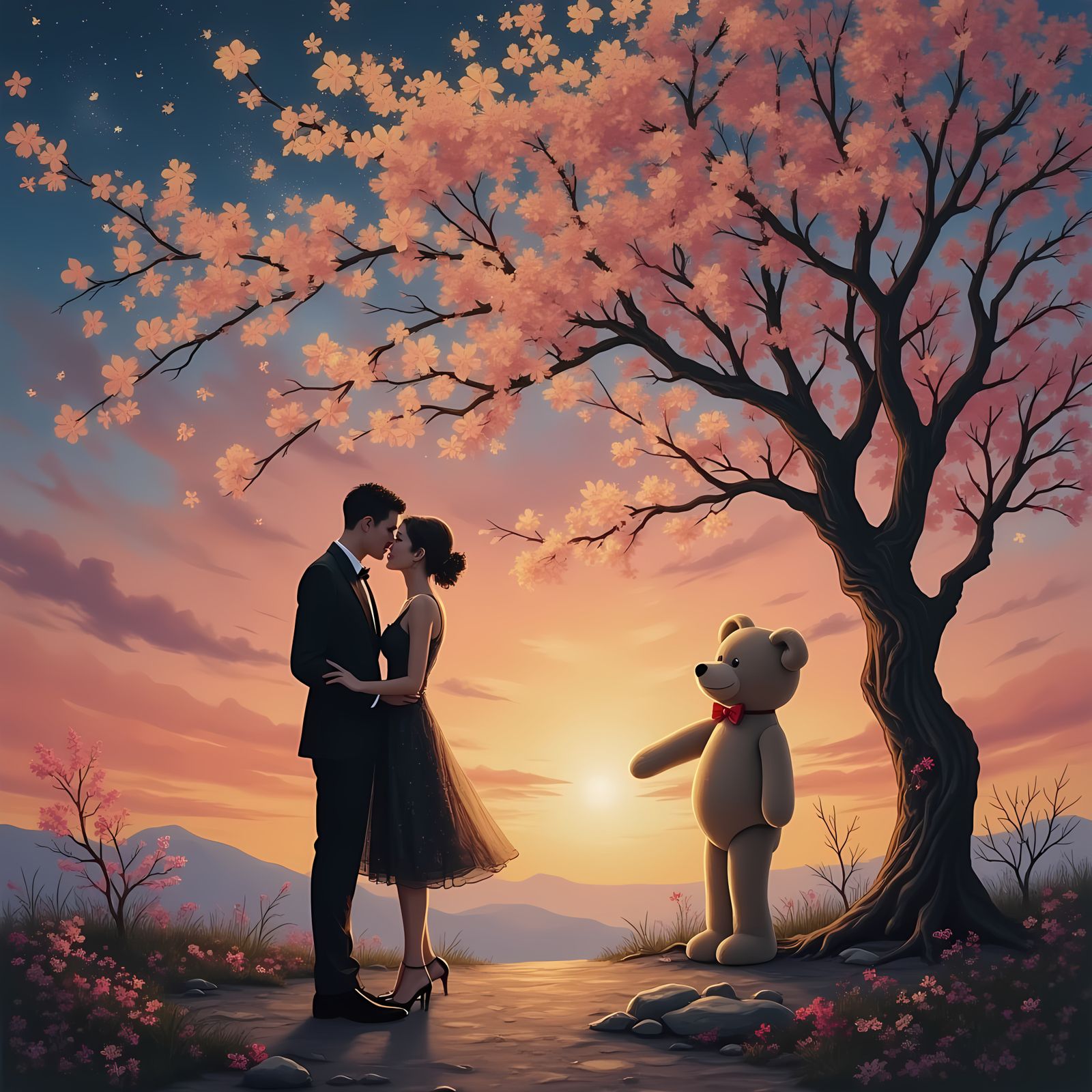 Cherry Blossom Sunset: Gouache and Watercolor Silhouette