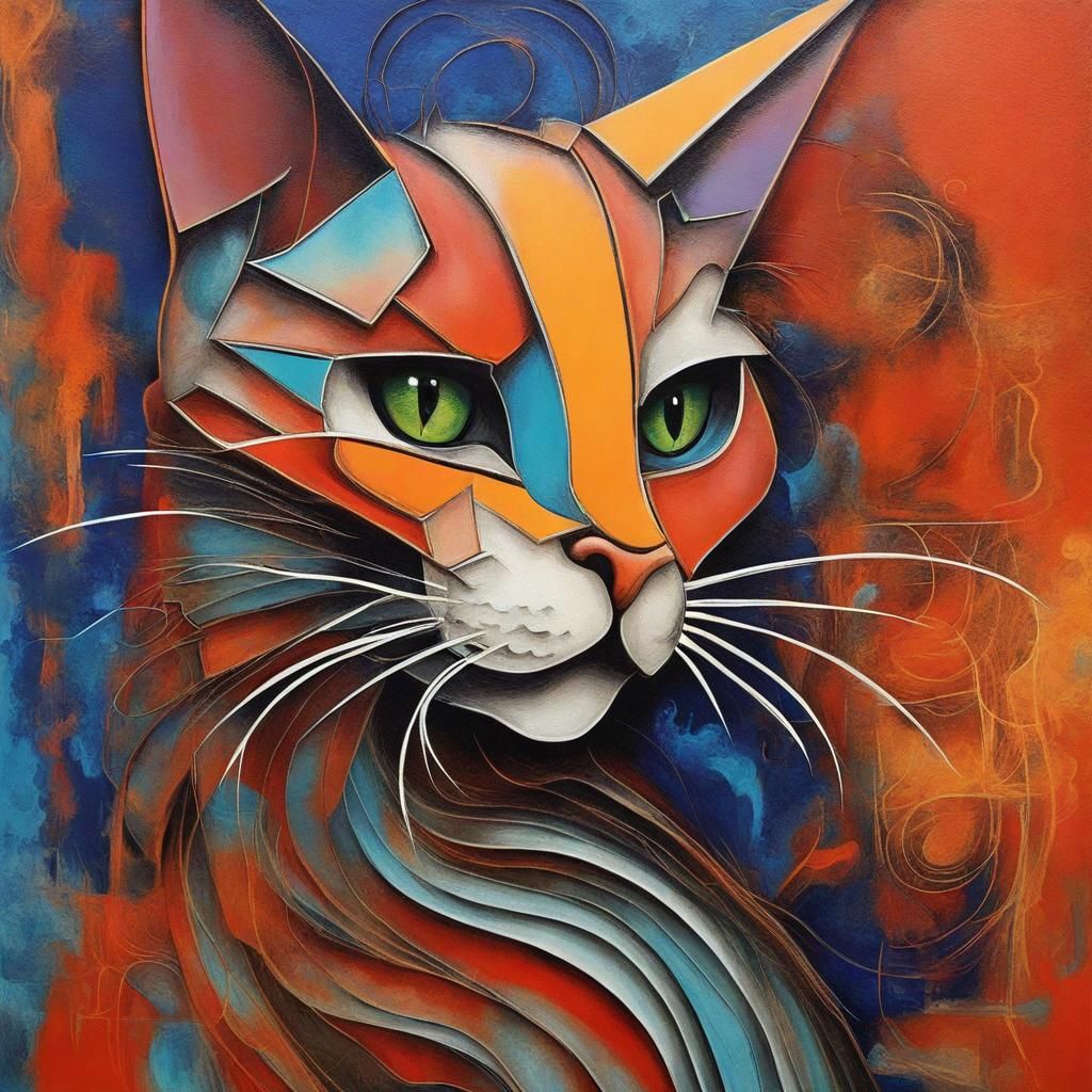 Armored Cat and Dragon in Abstract Art