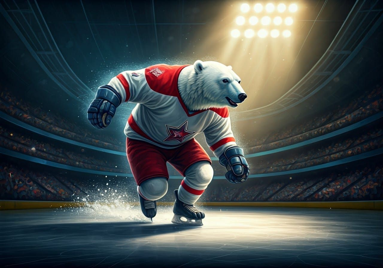 Polar Bear Speeds Across Ice in Vibrant Hockey Arena