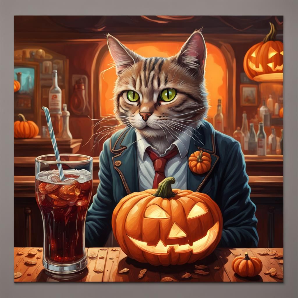 Hyperrealistic Cat Enjoys Cola in Halloween Bar