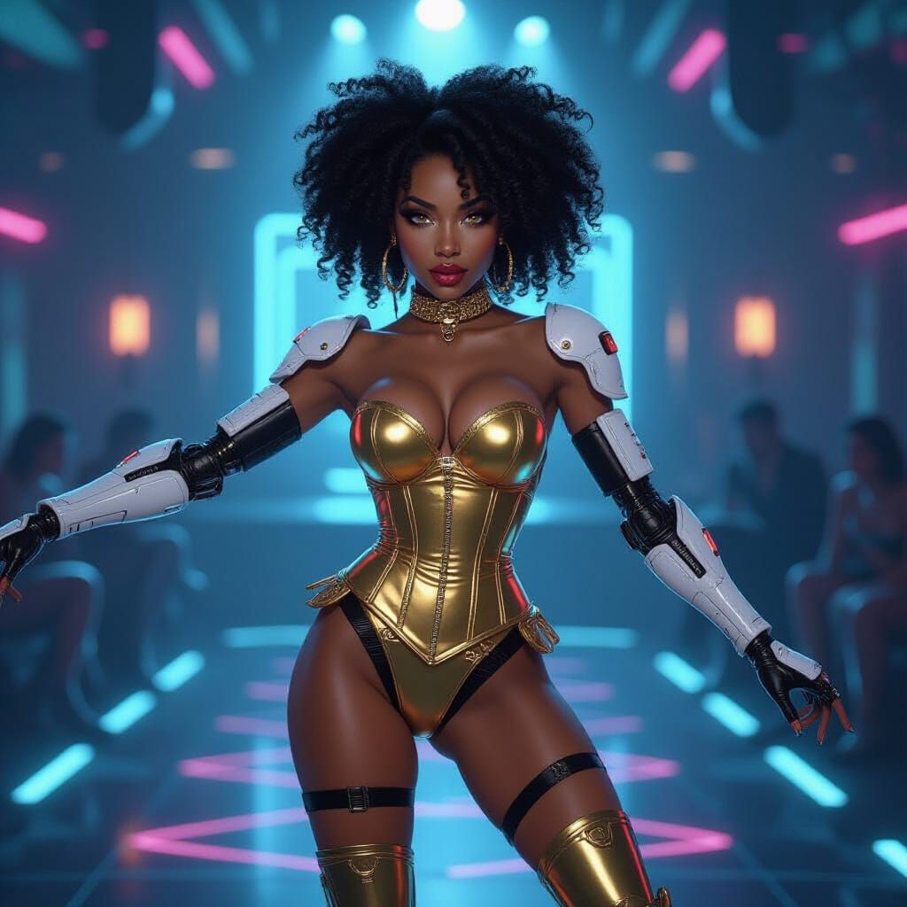 Cyberpunk Ebony Woman Dancing in Neon Nightclub