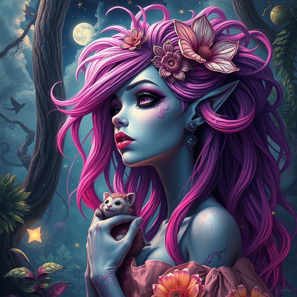 Gothic Alien Goddess in a Whimsical Moonlit Forest