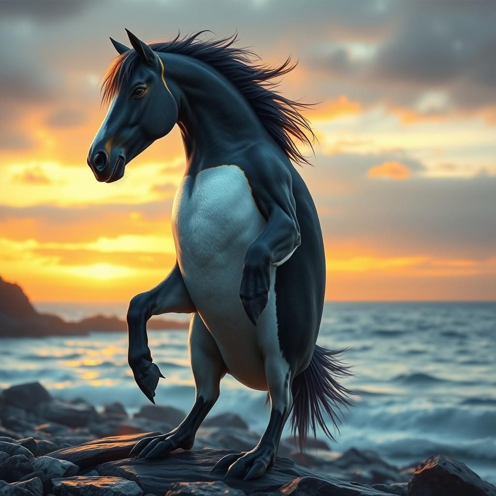 Majestic Equine-Penguin Hybrid on Rocky Shore