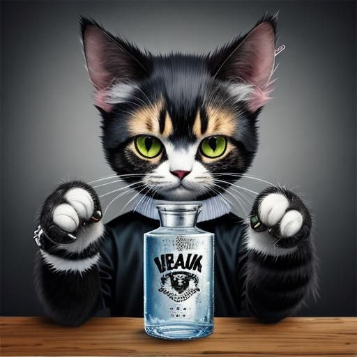Punk Cat Holding Vodka: Digital Illustration