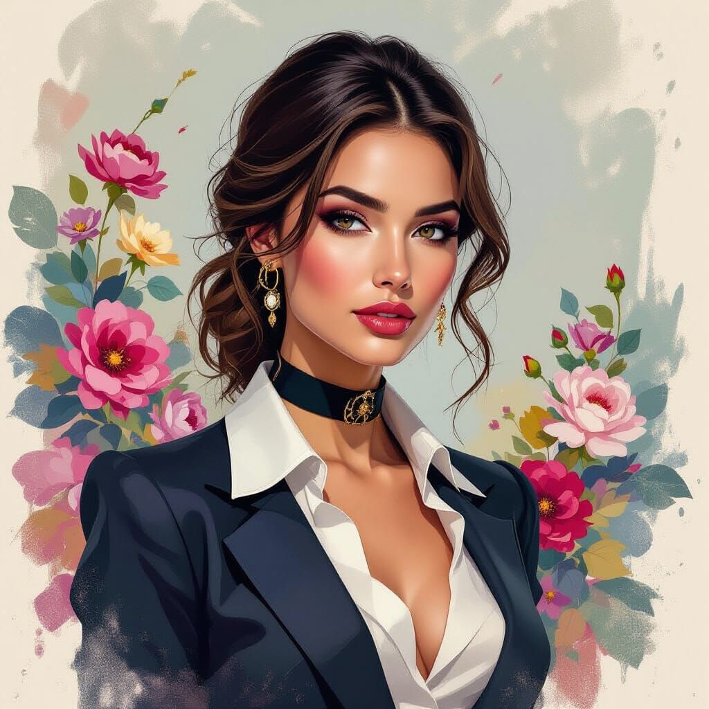 Elegant Woman Portrait with Impressionistic Floral Backgroun...