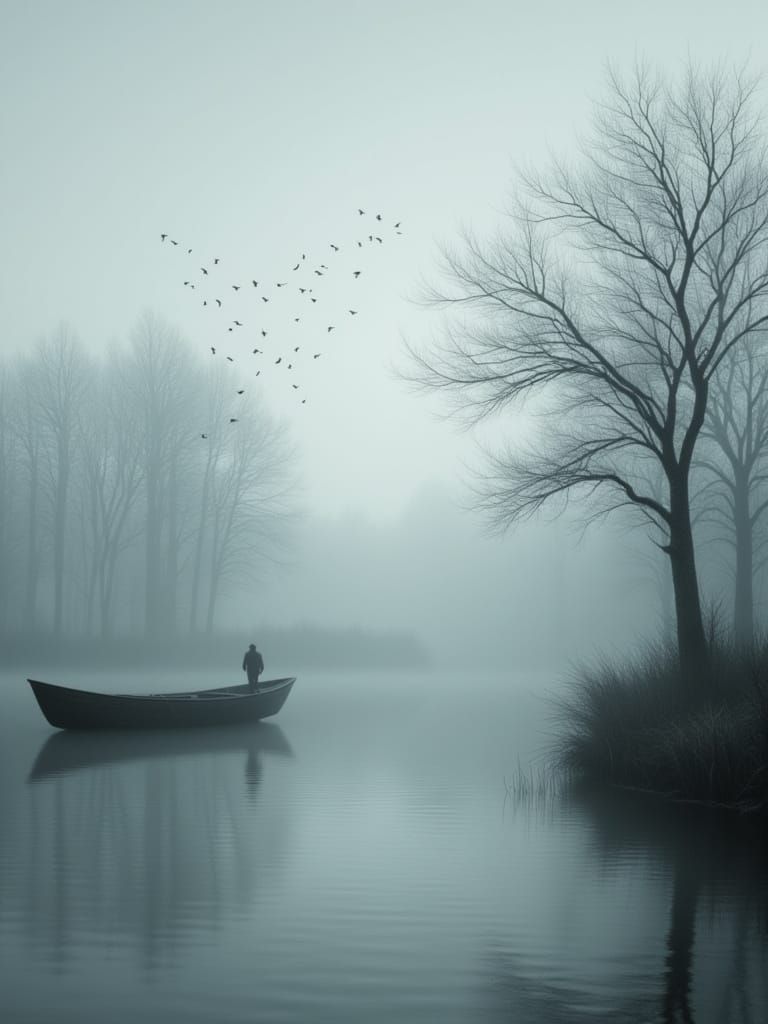 Misty Riverside Dawn in Grayscale